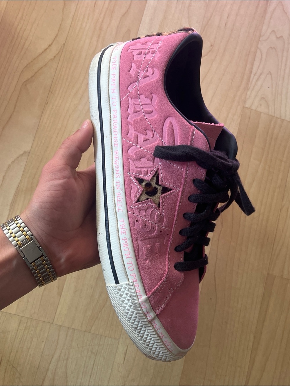 Pink Suede Low-Top Sneaker with Leopard Star Accent